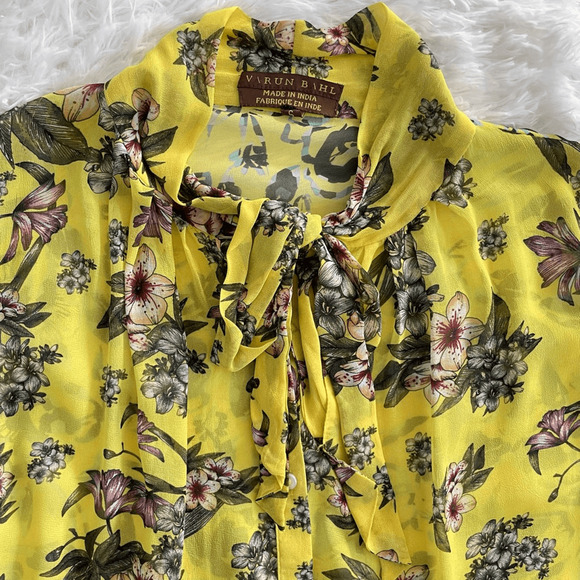 Anthropologie Varun Bahl Vibrant Yellow Floral Neck Tie Blouse Women’s Small - Picture 5 of 8